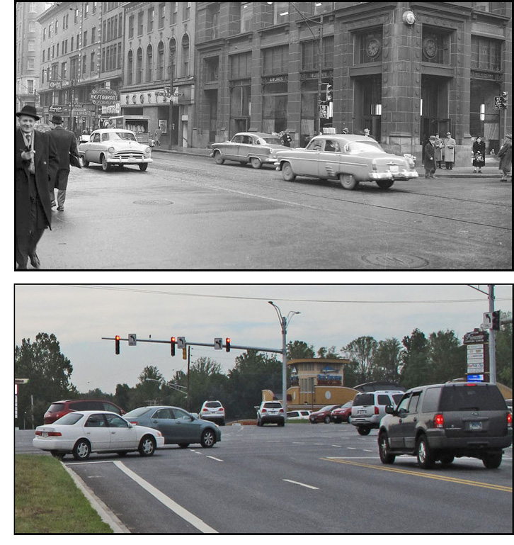The first photo is black-and-white and shows an intersection of two 4-lane streets lined with tall buildings.  A traffic signal facing one street is suspended on a pole at the corner, and around the same corner is another pole with a signal facing the other street.  Three 1950's vehicles are moving straight through one of the streets, while men wearing coats and ties and women wearing coats over dresses cross parallel to the vehicles or wait at the corner to cross the other street.  The second picture is in color, and shows an intersection in the suburbs with streets about 5-6 lanes wide.  A beam is suspended over one of the streets, with a sign and a signal for each lane, indicating that two of the lanes are exclusively for left-turning vehicles and a third lane is for vehicles turning left or going straight.  Vehicles on that street are all waiting, as well as vehicles coming from our right on the other street.  Several lanes of vehicles coming from the other direction are turning left or going straight.